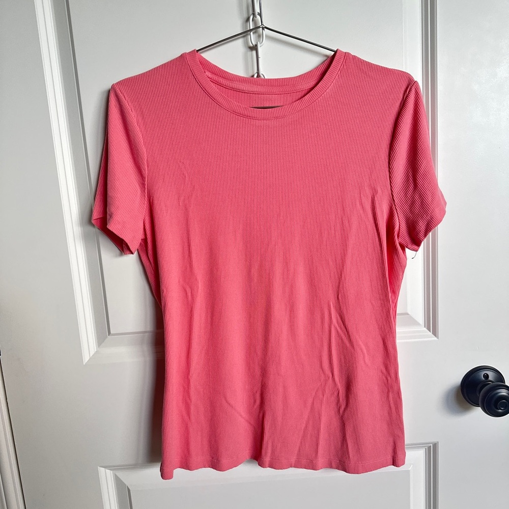 Nine West Soft Spun Crewneck Ribbed Pink T-Shirt Blouse Top